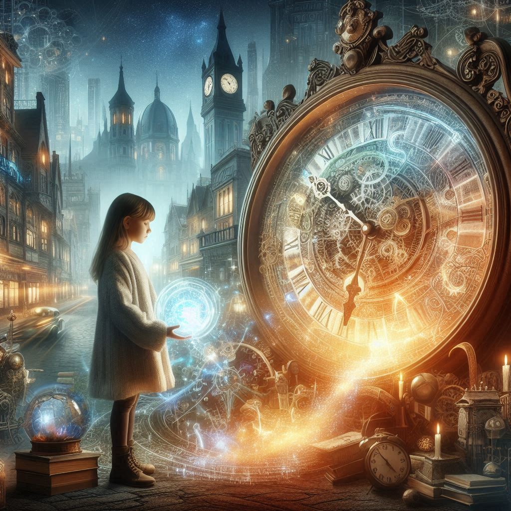 "The Clockmaker's Secret: A Time-Traveling Adventure": "time travel," "clockmaker's secret," "grandfather clock," "historical adventure," "Tempusville," "magical journey," "adventure through time," "Lucy and Mr. Thorne," and "mystical timepiece.",