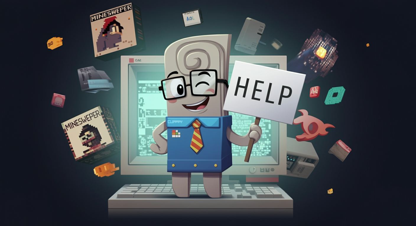 Eulogy, Clippy, Nostalgic paperclip assistant, Retro technology, 2000s computer icons, AOL disks, Minesweeper, Digital space, Humor and chaos, Cheeky expression, Winking paperclip, “Help” sign, Vintage computer screens, Modern AI assistant (like Alexa), Digital absurdity, Playful digital elements, Futuristic vs. retro, Pop culture humor,