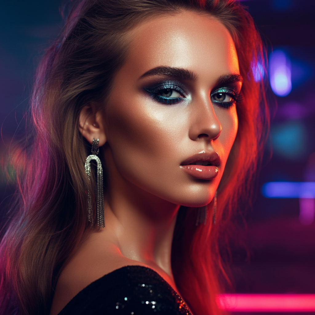Party Girl Makeup, Glitter Eyeshadow, Smudged Eyeliner, Glossy Lips, Dewy Skin, Nightclub Glam, Bold Glamour, High-Shine Aesthetic, Fashion Beauty Trend, 2000s Nostalgia, Celebrity Maeup Look, Neon Lights, Effortless Glam, Makeup Inspiration, TikTok Beauty Trend,
