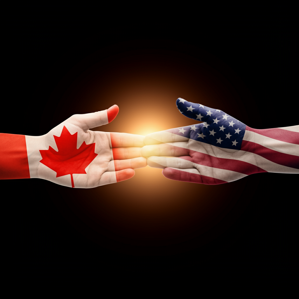 Canada USA relationship, History, exploration, territories, Shared values, democracy, freedom, Trade, economic partnership, cooperation, Tension, conflict resolution, diplomacy, Nature, environment, wildlife protection, Cultural exchange, diversity, unity, Future, technology, sustainability, innovation, Love, unity, cross-border partnership, Canada and the USA,