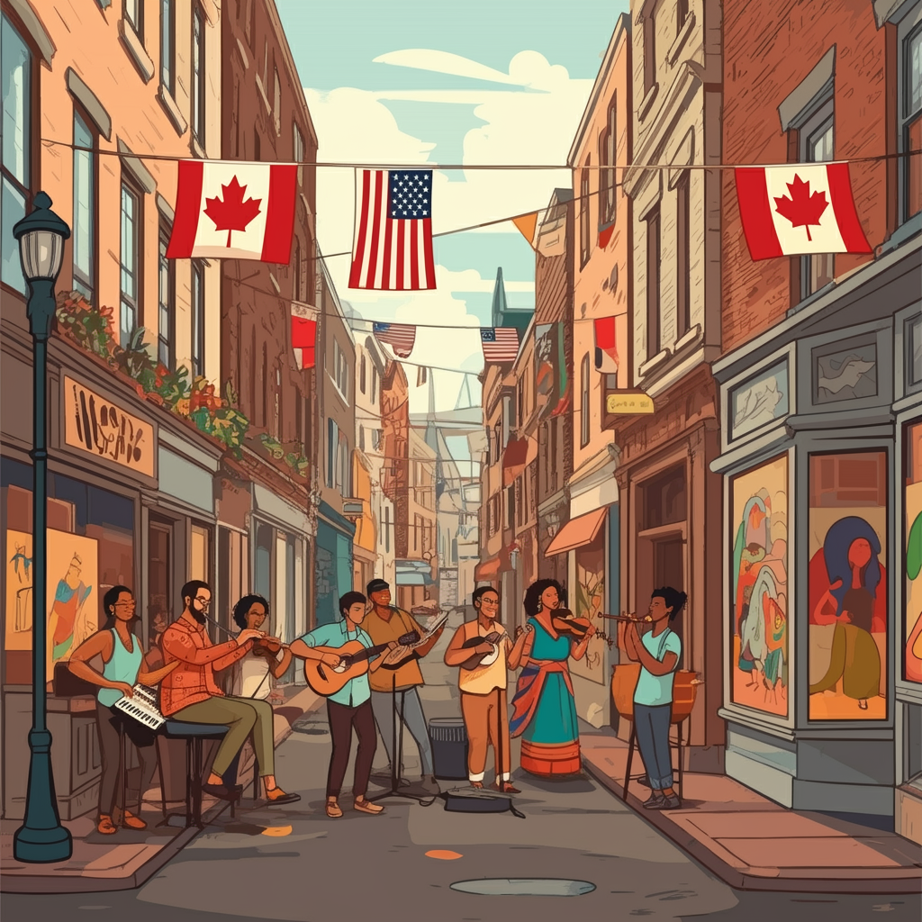 Canada USA relationship, History, exploration, territories, Shared values, democracy, freedom, Trade, economic partnership, cooperation, Tension, conflict resolution, diplomacy, Nature, environment, wildlife protection, Cultural exchange, diversity, unity, Future, technology, sustainability, innovation, Love, unity, cross-border partnership, Canada and the USA,